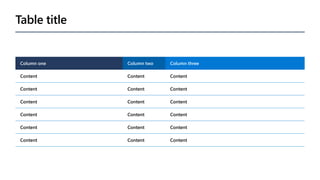 Table title
Column one Column two Column three
Content Content Content
Content Content Content
Content Content Content
Content Content Content
Content Content Content
Content Content Content
 