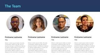 The Team
Firstname Lastname
Title
About: Lorem ipsum dolor sit amet,
consectetur adipiscing elit, sed do
eiusmod tempor incididunt ut labore
et dolore magna aliqua. Ut enim ad
minim veniam, quis nostrud
exercitation ullamco laboris nisi ut
aliquip ex ea commodo consequat.
Firstname Lastname
Title
About: Lorem ipsum dolor sit amet,
consectetur adipiscing elit, sed do
eiusmod tempor incididunt ut labore
et dolore magna aliqua. Ut enim ad
minim veniam, quis nostrud
exercitation ullamco laboris nisi ut
aliquip ex ea commodo consequat.
Firstname Lastname
Title
About: Lorem ipsum dolor sit amet,
consectetur adipiscing elit, sed do
eiusmod tempor incididunt ut labore
et dolore magna aliqua. Ut enim ad
minim veniam, quis nostrud
exercitation ullamco laboris nisi ut
aliquip ex ea commodo consequat.
Firstname Lastname
Title
About: Lorem ipsum dolor sit amet,
consectetur adipiscing elit, sed do
eiusmod tempor incididunt ut labore
et dolore magna aliqua. Ut enim ad
minim veniam, quis nostrud
exercitation ullamco laboris nisi ut
aliquip ex ea commodo consequat.
 