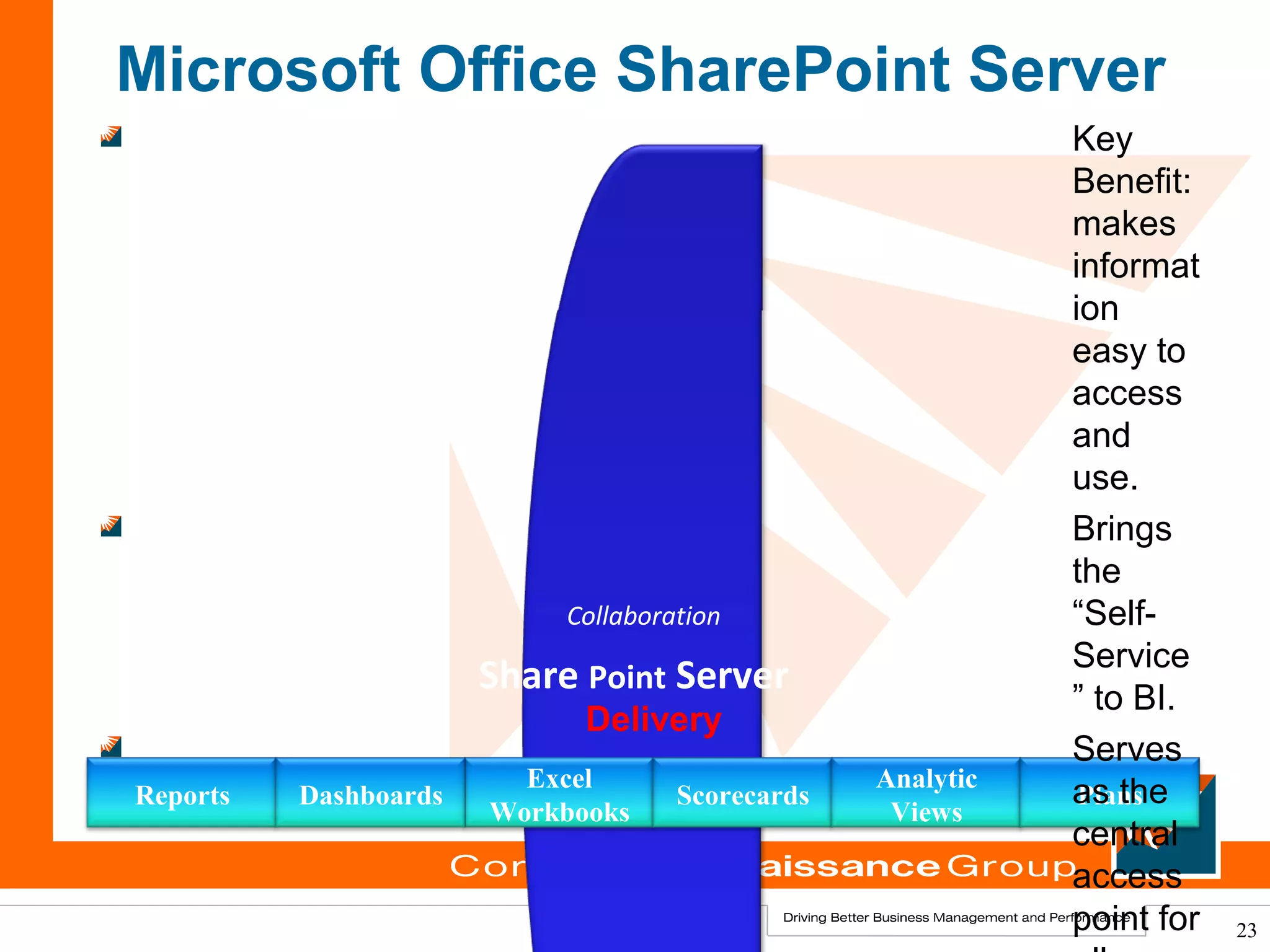 Microsoft Office SharePoint Server
                                                                     Key
                                                                     Benefit:
                                                                     makes
                                                                     informat
                                                                     ion
                                                                     easy to
                                                                     access
                                                                     and
                                                                     use.
                                                                     Brings
                                                                     the
                                 Collaboration                       “Self-
                                                       Conten
                                                             t Mana Service
      Search                Share Point Server                     gemen
                                                                         t
                                                                     ” to BI.
                                  Delivery
                                                                     Serves
                              Excel                    Analytic
Reports        Dashboards                 Scorecards                 as the
                                                                      Plans
                            Workbooks                   Views
                                                                     central
                                                                     access
                                                                     point for   23
 
