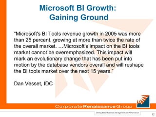 Microsoft BI Growth:
            Gaining Ground
“Microsoft's BI Tools revenue growth in 2005 was more
than 25 percent, growing at more than twice the rate of
the overall market. …Microsoft's impact on the BI tools
market cannot be overemphasized. This impact will
mark an evolutionary change that has been put into
motion by the database vendors overall and will reshape
the BI tools market over the next 15 years.”

Dan Vesset, IDC




                                                          12
 