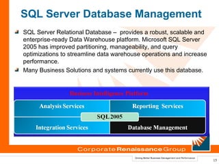 SQL Server Database Management
SQL Server Relational Database – provides a robust, scalable and
enterprise-ready Data Warehouse platform. Microsoft SQL Server
2005 has improved partitioning, manageability, and query
optimizations to streamline data warehouse operations and increase
performance.
Many Business Solutions and systems currently use this database.


                Business Intelligence Platform




                                                                     15
 