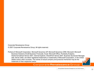Corporate Renaissance Group
© 2007 Corporate Renaissance Group. All rights reserved.

Portions © Microsoft Corporation. Microsoft Dynamics GP, Microsoft Dynamics CRM, Microsoft, Microsoft
     Business Solutions Small Business Financials, Excel, Microsoft Office, ProClarity Analytics,
     PerformancePoint Server 2007, Internet Explorer, SharePoint Server 2007, Business Scorecard Manager,
     SQL Server 2005, are either registered trademarks or trademarks of Microsoft Corporation, in the United
     States and/or other countries. The names of actual company and products mentioned may be the
     trademark of their respective owner.




                                                                                                               33
 