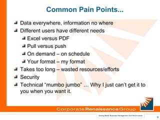 Common Pain Points...
Data everywhere, information no where
Different users have different needs
   Excel versus PDF
   Pull versus push
   On demand – on schedule
   Your format – my format
Takes too long – wasted resources/efforts
Security
Technical “mumbo jumbo” … Why I just can’t get it to
you when you want it.



                                                       9
 