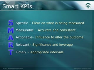 Smart KPIs


                Specific – Clear on what is being measured

                Measurable – Accurate and consistent

                Actionable– Influence to alter the outcome

                Relevant– Significance and leverage

                Timely – Appropriate intervals




©2011 Symmetry Corporation                            http://www.symcorp.com
 