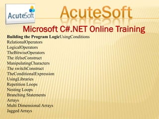 Microsoft C#.NET Online Training
Building the Program LogicUsingConditions
RelationalOperators
LogicalOperators
TheBitwiseOperators
The ifelseConstruct
ManipulatingCharacters
The switchConstruct
TheConditionalExpression
UsingLibraries
Repetition Loops
Nesting Loops
Branching Statements
Arrays
Multi Dimensional Arrays
Jagged Arrays
 