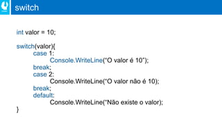 switch
int
switch
case
Console.WriteLine
break
case
break
default
 
