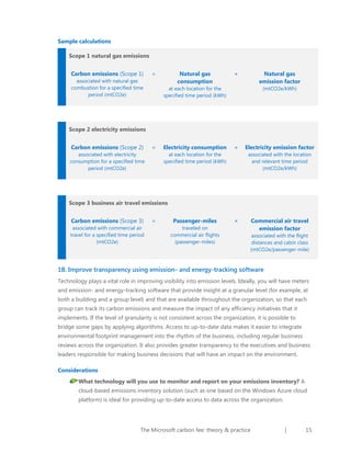 Sample calculations
Scope 1 natural gas emissions
Carbon emissions (Scope 1)

=

associated with natural gas
combustion for a specified time
period (mtCO2e)

Natural gas
consumption

×

Natural gas
emission factor

at each location for the
specified time period (kWh)

(mtCO2e/kWh)

Scope 2 electricity emissions
Carbon emissions (Scope 2)

=

associated with electricity
consumption for a specified time
period (mtCO2e)

Electricity consumption

×

at each location for the
specified time period (kWh)

Electricity emission factor
associated with the location
and relevant time period
(mtCO2e/kWh)

Scope 3 business air travel emissions
Carbon emissions (Scope 3)
associated with commercial air
travel for a specified time period
(mtCO2e)

=

Passenger-miles
traveled on
commercial air flights
(passenger-miles)

×

Commercial air travel
emission factor
associated with the flight
distances and cabin class
(mtCO2e/passenger-mile)

1B. Improve transparency using emission- and energy-tracking software
Technology plays a vital role in improving visibility into emission levels. Ideally, you will have meters
and emission- and energy-tracking software that provide insight at a granular level (for example, at
both a building and a group level) and that are available throughout the organization, so that each
group can track its carbon emissions and measure the impact of any efficiency initiatives that it
implements. If the level of granularity is not consistent across the organization, it is possible to
bridge some gaps by applying algorithms. Access to up-to-date data makes it easier to integrate
environmental footprint management into the rhythm of the business, including regular business
reviews across the organization. It also provides greater transparency to the executives and business
leaders responsible for making business decisions that will have an impact on the environment.
Considerations
What technology will you use to monitor and report on your emissions inventory? A
cloud-based emissions inventory solution (such as one based on the Windows Azure cloud
platform) is ideal for providing up-to-date access to data across the organization.

The Microsoft carbon fee: theory & practice

|

15

 