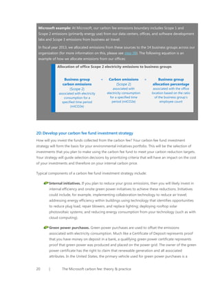 Microsoft example: At Microsoft, our carbon fee emissions boundary includes Scope 1 and
Scope 2 emissions (primarily energy use) from our data centers, offices, and software development
labs and Scope 3 emissions from business air travel.
In fiscal year 2013, we allocated emissions from these sources to the 14 business groups across our
organization (for more information on this, please see step 3B). The following equation is an
example of how we allocate emissions from our offices:
Allocation of office Scope 2 electricity emissions to business groups
Business group
carbon emissions
(Scope 2)
associated with electricity
consumption for a
specified time period
(mtCO2e)

=

Carbon emissions
(Scope 2)

×

associated with
electricity consumption
for a specified time
period (mtCO2e)

Business group
allocation percentage
associated with the office
location based on the ratio
of the business group’s
employee count

2D. Develop your carbon fee fund investment strategy
How will you invest the funds collected from the carbon fee? Your carbon fee fund investment
strategy will form the basis for your environmental initiatives portfolio. This will be the selection of
investments that you plan to make using the carbon fee fund to meet your carbon reduction targets.
Your strategy will guide selection decisions by prioritizing criteria that will have an impact on the cost
of your investments and therefore on your internal carbon price.
Typical components of a carbon fee fund investment strategy include:
Internal initiatives. If you plan to reduce your gross emissions, then you will likely invest in
internal efficiency and onsite green power initiatives to achieve these reductions. Initiatives
could include, for example, implementing collaboration technology to reduce air travel;
addressing energy efficiency within buildings using technology that identifies opportunities
to reduce plug load, repair blowers, and replace lighting; deploying rooftop solar
photovoltaic systems; and reducing energy consumption from your technology (such as with
cloud computing).
Green power purchases. Green power purchases are used to offset the emissions
associated with electricity consumption. Much like a Certificate of Deposit represents proof
that you have money on deposit in a bank, a qualifying green power certificate represents
proof that green power was produced and placed on the power grid. The owner of the green
power certificate has the right to claim that renewable generation and all associated
attributes. In the United States, the primary vehicle used for green power purchases is a
20

|

The Microsoft carbon fee: theory & practice

 