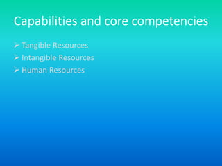 Capabilities and core competencies
 Tangible Resources
 Intangible Resources
 Human Resources
 