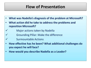 Flow of Presentation
• What was Nadella’s diagnosis of the problem at Microsoft?
• What action did he take to address the problems and
reposition Microsoft?
 Major actions taken by Nadella
 Grounding Pillar: Make the difference
 Surmountable Actions
• How effective has he been? What additional challenges do
you expect he will face?
• How would you describe Nadella as a Leader?
 