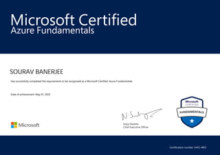 Satya Nadella
Chief Executive Officer
Microsoft Certified
SOURAV BANERJEE
Azure Fundamentals
Has successfully completed the requirements to be recognized as a Microsoft Certified: Azure Fundamentals.
Date of achievement: May 01, 2020
Certification number: H412-4812
 