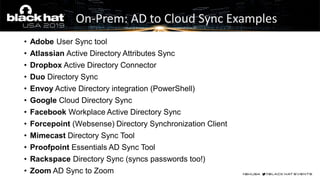 On-Prem: AD to Cloud Sync Examples
• Adobe User Sync tool
• Atlassian Active Directory Attributes Sync
• Dropbox Active Directory Connector
• Duo Directory Sync
• Envoy Active Directory integration (PowerShell)
• Google Cloud Directory Sync
• Facebook Workplace Active Directory Sync
• Forcepoint (Websense) Directory Synchronization Client
• Mimecast Directory Sync Tool
• Proofpoint Essentials AD Sync Tool
• Rackspace Directory Sync (syncs passwords too!)
• Zoom AD Sync to Zoom
 