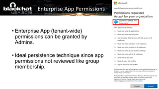 Enterprise App Permissions
• Enterprise App (tenant-wide)
permissions can be granted by
Admins.
• Ideal persistence technique since app
permissions not reviewed like group
membership.
 