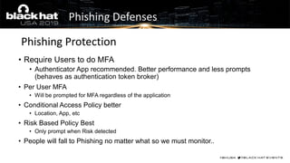 • Require Users to do MFA
• Authenticator App recommended. Better performance and less prompts
(behaves as authentication token broker)
• Per User MFA
• Will be prompted for MFA regardless of the application
• Conditional Access Policy better
• Location, App, etc
• Risk Based Policy Best
• Only prompt when Risk detected
• People will fall to Phishing no matter what so we must monitor..
Phishing Protection
Phishing Defenses
 