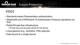 • Standards-based Passwordless authentication
• WebAuthN and CTAP(Client To Authenticator Protocol) standards are
final
• ...