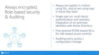 Always encrypted,
Role-based security
& Auditing
• Always encrypted; in motion
using SSL, and at rest using keys
in Azure Key Vault
• Single sign-on, multi-factor
authentication and seamless
integration of on-premises
identities with Active Directory
• Fine-grained POSIX-based ACLs
for role-based access controls
• Auditing every access /
configuration change
 