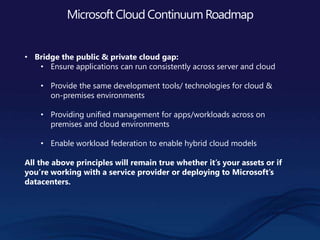 • Bridge the public & private cloud gap:
• Ensure applications can run consistently across server and cloud
• Provide the same development tools/ technologies for cloud &
on-premises environments
• Providing unified management for apps/workloads across on
premises and cloud environments
• Enable workload federation to enable hybrid cloud models
All the above principles will remain true whether it’s your assets or if
you’re working with a service provider or deploying to Microsoft’s
datacenters.
 