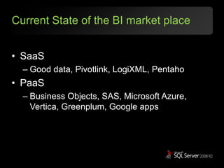 Current State of the BI market placeSaaSGood data, Pivotlink, LogiXML, PentahoPaaSBusiness Objects, SAS, Microsoft Azure, Vertica, Greenplum, Google apps