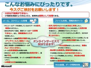 今スグご検討をお願いします！
・大きなIT投資ができない。
・IT環境を資産計上できないけど、使用料は経費として処理できる。

メール、スケジュール管理                      フゔ゗ル共有、情報共有サ゗ト

・PCにメールデータを保持しているのでデータの紛失、   ・社外/自宅でもフゔ゗ルを安全に共有したい。
 破損から守りたい。                   ・組織を越えた関係者とフゔ゗ルを共有して共同作業
・会社以外のPCへ転送、閲覧でメールが一元管理       を進めたい。(期間限定プロジェクトなど）
 できない。また、情報漏洩のリスク            ・フゔ゗ルサーバーにフゔ゗ルがどんどん増えて、なかなか
 も回避したい。                     見つからない。
・利用中のメール関連費用が高額で困っている。               ・ VPNを利用してフゔ゗ル共有している

 （ゕンチウゖルス/迷惑メール)                       がその費用が高額で困っている。

・Webグループウエゕのスケジュール
 設定と関係者への会議開催のメールが                 ・Web会議を導入したいけれど、高額だ
 スムーズにいかない。                         から導入できない。
・メール送受信履歴の管理が必要。             ・拠点間で出張費用と移動時間を削減したい。
・自社のメールサーバー運用管理作業の負荷が高く、運     でも現地に行かないとなかなか伝わらない。
 用が不安。                       ・トレーニングを開催したいけれど、参加者の時間
・VPNなどのNW費用、サーバーの年間保守費を削減     調整が難しい。
 したい。
                             ・社員間での通信費用を削減したい。
・24時間365日継続稼働が必須。
                                  Web会議、データ同時共有
 