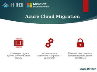 𝐀𝐳𝐮𝐫𝐞 𝐂𝐥𝐨𝐮𝐝 𝐌𝐢𝐠𝐫𝐚𝐭𝐢𝐨𝐧
🔵 Challenges: Legacy
systems, downtime, data
security
⚡ Our Approach:
Assessment → Migration →
Optimization
🏆 Benefits: Zero downtime,
scalable resources, secure
compliance
𝘄𝘄𝘄. .
𝗶𝗳𝗶 𝘁𝗲𝗰𝗵
 