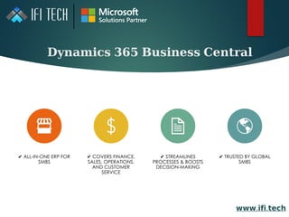 𝐃𝐲𝐧𝐚𝐦𝐢𝐜𝐬 𝟑𝟔𝟓 𝐁𝐮𝐬𝐢𝐧𝐞𝐬𝐬 𝐂𝐞𝐧𝐭𝐫𝐚𝐥
✔ ALL-IN-ONE ERP FOR
SMBS
✔ COVERS FINANCE,
SALES, OPERATIONS,
AND CUSTOMER
SERVICE
✔ STREAMLINES
PROCESSES & BOOSTS
DECISION-MAKING
✔ TRUSTED BY GLOBAL
SMBS
𝘄𝘄𝘄. .
𝗶𝗳𝗶 𝘁𝗲𝗰𝗵
 