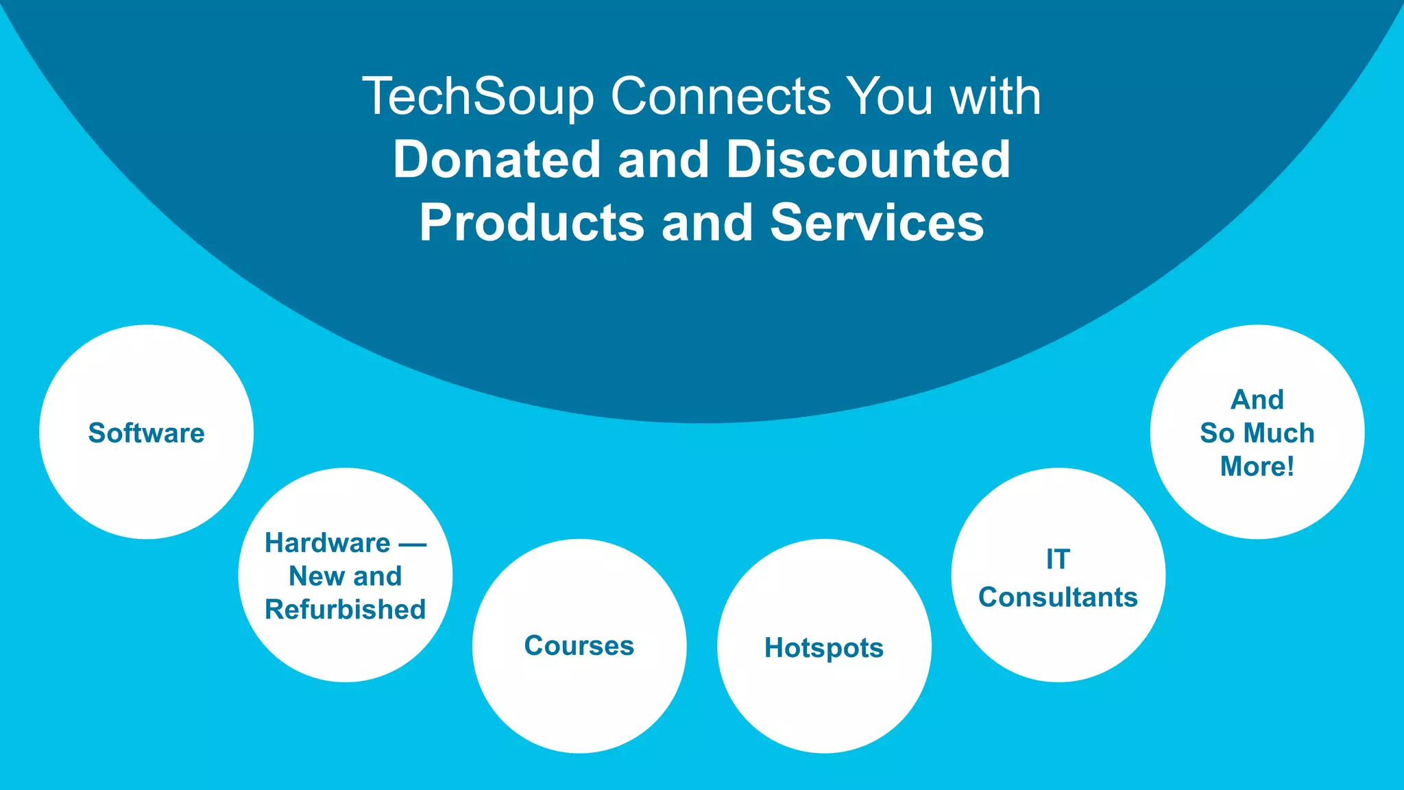 TechSoup Connects You with
Donated and Discounted
Products and Services
IT
Consultants
Software
Hardware —
New and
Refurbished
Courses
And
So Much
More!
Hotspots
 