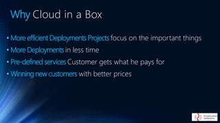 • More efficient Deployments Projects focus on the important things
• More Deployments in less time
• Pre-defined services Customer gets what he pays for
• Winning new customers with better prices
Why Cloud in a Box
 