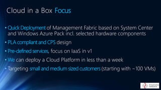 • Quick Deployment of Management Fabric based on System Center
and Windows Azure Pack incl. selected hardware components
• PLA compliant and CPS design
• Pre-defined services, focus on IaaS in v1
• We can deploy a Cloud Platform in less than a week
• Targeting small and medium sized customers (starting with ~100 VMs)
Cloud in a Box Focus
 