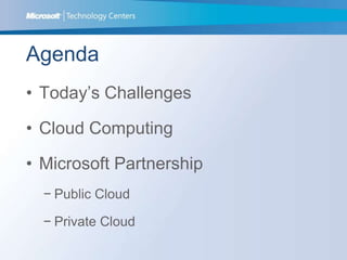 AgendaToday’s ChallengesCloud ComputingMicrosoftPartnershipPublic CloudPrivate Cloud