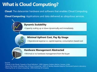 What is Cloud Computing?Cloud: The datacenter hardware and software that enables Cloud Computing.Cloud Computing: Applications and data delivered as ubiquitous services.Sources:“A Break in the Clouds: Towards a Cloud Definition”, 2009; Vaquero, Rodero-Merino, Caceres, Linder"Above the Clouds: A Berkley View of Cloud Computing", 2009; UC Berkley Reliable Adaptive Distributed Systems Laboratory“Clearing the air on cloud computing”, 2009; McKinsey & Company