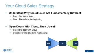Your Cloud Sales Strategy
 Understand Why Cloud Sales Are Fundamentally Different
• Past: Get to the sale
• Now: The sale is the beginning
 Open Doors With Cloud, Then Up-sell
• Get in the door with Cloud
• Upsell over the long term relationship
47
 
