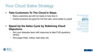 Your Cloud Sales Strategy
 Take Customers To The Cloud In Steps
• Many customers are still not ready to fully dive in
• Certain products are good for the first sale, some better to upsell
 Speed Up the Sales Cycle by Sidelining Cloud
Objections
• Arm your telesales team with resources to take FUD questions
off-line
• One-page FAQs, videos, web sites, etc.
52
 