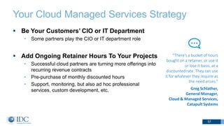 Your Cloud Managed Services Strategy
 Be Your Customers’ CIO or IT Department
• Some partners play the CIO or IT department role
 Add Ongoing Retainer Hours To Your Projects
• Successful cloud partners are turning more offerings into
recurring revenue contracts
• Pre-purchase of monthly discounted hours
• Support, monitoring, but also ad hoc professional
services, custom development, etc.
57
“There’s a bucket of hours
bought on a retainer, or use it
or lose it basis, at a
discounted rate. They can use
it for whatever they require as
the need arises.”
Greg Schlather,
General Manager,
Cloud & Managed Services,
Catapult Systems
 