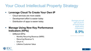 Your Cloud Intellectual Property Strategy
 Leverage Cloud To Create Your Own IP
• Cloud services are more stable
• Development effort is easier today
• Distribution of apps is easier today
 Manage Using New Key Performance
Indicators (KPIs)
• Different KPIs:
 Monthly Recurring Revenue (MRR)
 Recurring Revenue %
 Churn %
 Lifetime Customer Value
59
 