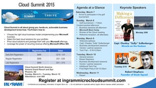 1405002
Confidential and proprietary information of Ingram Micro Inc. — Do not distribute or duplicate without Ingram Micro's express written permission. 12
Keynote Speakers
Capt. Chesley “Sully” Sullenberger
Miracle on the Hudson
Robert Stephens
Founder of Geek Squad
Saturday, March 7
• Arrive to participate in the golf
tournament
Sunday, March 8
• Golf tournament – 7:30am
Content-packed afternoon
• Business sessions all afternoon
• Microsoft Boot Camp
• Women of the Cloud meeting
• Welcome reception, all attendees
Monday, March 9
• Welcome address
• Capt. Chesley “Sully” Sullenberger
• Business development sessions
• Vendor / partner sessions
• Tech Fair – 6:30-9:30pm
Tuesday, March 10
• General session
• Robert Stephens
• Business development sessions
• Vendor / partner sessions
• Additional Tech Fair
• Final Night Party 6:30-10:30pm
Wednesday, March 11
• Depart
Registration Fee Dates
Early Bird Registration $499 12/10 - 1/31
Regular Registration $599 2/01 - 2/28
Late Registration $699 3/01 – 3/10
Cloud Summit 2015
Cloud Summit North America
Arizona Grand Resort and Spa
Phoenix, AZ
Sunday, March 8 – Tuesday, March 10
Attendance: over 800
Register at ingrammicrocloudsummit.com
Agenda at a Glance
Monday 3/09
Tuesday 3/10
Cloud Summit is all about giving you hands-on, actionable business
development know-how. You'll learn how to:
• Choose the right cloud business model complementing your Microsoft
business
• Select the best cloud solutions for your portfolio.
• Price cloud solutions and package them with your Microsoft offerings.
• Leverage the power of recurring revenue offering Microsoft Office 365.
 