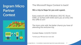 1405002
Confidential and proprietary information of Ingram Micro Inc. — Do not distribute or duplicate without Ingram Micro's express written permission. 17
The Microsoft Napa Contest is back!
Ingram Micro
Partner
Contest
Win a trip to Napa for you and a guest.
Every seat/unit sold of Windows 2012 R2, Azure,
O365, or Surface with O365 earns you an entry into
the raffle to win!
The more units sold, the better chance you have of
attending this exclusive trip.
Contest Dates: 1/12/15-7/3/15
*contact your MD team for more info
 