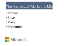 The Analysist of Marketing Mix
•Product
•Price
•Place
•Promotion
 