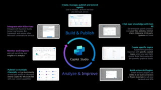 Publish to multiple
channels, and go live instantly
on the SaaS service or choose to
extend Copilot for Microsoft 365
with your custom capabilities
Create specific topics
Supplement generative
responses with specific, curated
topics where you want tight
control. Build them easily with
the powerful graphical studio
Build actions & Plugins
Create actions, plugins, use
1000s of pre-built connectors
or Power Automate to call your
backends and APIs
Integrate with AI Services
Integrate with Azure AI Studio,
Azure Cog Services, Bot
Framework and various other
Microsoft conversational services
Monitor and Improve
with rich out-of-the-box
insights and analytics
Chat over knowledge with Gen
AI
Get enterprise specific answers
over your files, websites, internal
shares, Dataverse, third party
systems and more
Create, manage, publish and extend
agents
Live in minutes - all from one tool
and E2E SaaS service
Build & Publish
Copilot Studio
Analyze & Improve
 