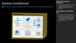 Solution architecture
Provide an architecture diagram with the overview of the technical implementation
Why do we ask these
questions?
• To have the big picture of your agent
project and its integration in a
broader technical and functional
landscape.
Information we’re looking
for:
• Architecture diagrams or blueprints
• Functional and technical overview of
the agent and its integration in the
broader technical landscape (other
Power Platform or Azure services,
internal APIs, etc.)
Example answer (you can delete this)
Websites
Generative
answers
Copilot Studio
Intranet
Teams
SharePoint
Multiple internal and external data sources
Channels
Power
Automate
HR agent
• 41k employees
• Handles HR,
Finance, and
IT questions.
 