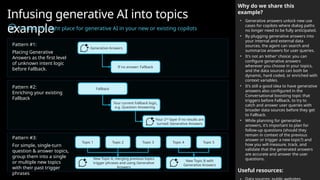 Infusing generative AI into topics
example
Finding the right place for generative AI in your new or existing copilots
Why do we share this
example?
• Generative answers unlock new use
cases for copilots where dialog paths
no longer need to be fully anticipated.
• By plugging generative answers into
your internal and external data
sources, the agent can search and
summarize answers for user queries.
• It’s not an ‘either’ choice: you can
configure generative answers
wherever you choose in your topics,
and the data sources can both be
dynamic, hard coded, or enriched with
context variables.
• It’s still a good idea to have generative
answers also configured in the
Conversational boosting topic that
triggers before Fallback, to try to
catch and answer user queries with
broader data sources before they get
to Fallback.
• While planning for generative
answers, it’s important to plan for
follow-up questions (should they
remain in context of the previous
answer or trigger a new topic?) and
how you will measure, track, and
validate that the generated answers
are accurate and answer the user
questions.
Useful resources:
Pattern #2:
Enriching your existing
Fallback
Fallback
Your 2nd
layer if no results are
turned: Generative Answers
Your current Fallback logic,
e.g. Question Answering
Pattern #3:
For simple, single-turn
question & answer topics,
group them into a single
or multiple new topics
with their past trigger
phrases
Topic 1
New Topic A, merging previous topics
trigger phrases and using Generative
Answers
Topic 2 Topic 3 Topic 4 Topic 5
New Topic B with
Generative Answers
Pattern #1:
Placing Generative
Answers as the first level
of unknown intent logic
before Fallback.
Generative Answers
If no answer: Fallback
 