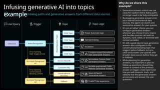 Child Topic
Child Topic
Intent Recognition
No Intent Recognized
#1
No Intent Recognized
#2
Service Desk KB
If no matching
topic trigger phrase
If no matching
Conversational
Boosting content
Child Topic
Customer FAQ
Conversational
Boosting
Fallback
Trigger Topic Topic Logic
User Query
Utterance
Child Topic
Infusing generative AI into topics
example
Mixing scripted dialog paths and generative answers from different data sources
Why do we share this
example?
• Generative answers unlock new use
cases for copilots where dialog paths
no longer need to be fully anticipated.
• By plugging generative answers into
your internal and external data
sources, the agent can search and
summarize answers for user queries.
• It’s not an ‘either’ choice: you can
configure generative answers
wherever you choose in your topics,
and the data sources can both be
dynamic, hard coded, or enriched with
context variables.
• It’s still a good idea to have generative
answers also configured in the
Conversational boosting topic that
triggers before Fallback, to try to
catch and answer user queries with
broader data sources before they get
to Fallback.
• While planning for generative
answers, it’s important to plan for
follow-up questions (should they
remain in context of the previous
answer or trigger a new topic?) and
how you will measure, track, and
validate that the generated answers
are accurate and answer the user
questions.
Disambiguation
Topic
Power Automate logic
Standard dialog
Escalation
Condition-based SharePoint
sites Generative Answers
ServiceNow Custom Data
Generative Answers
Variable-augmented Public
Website Generative Answers
Azure AI Search
Generative Answers
ChatGPT-like experience
 