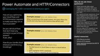 Power Automate and HTTP/Connectors
Leveraging the 1,400+ connectors to extend your agent
Why do we ask these
questions?
• Power Automate offers great
integration capabilities, with more
1,000 native connectors or ways to
create your own custom connectors to
your APIs.
• For a good end-user experience, cloud
flows triggered from Copilot Studio
must execute quickly so that the user
doesn’t have to wait too long for the
agent to answer.
• Cloud flows triggered from Copilot
Studio have a maximum of 100
seconds to return to Copilot Studio
before they time out.
• You can make HTTP requests or use
connectors directly from Copilot
Studio, to avoid invoking cloud flows
and optimize performance.
Useful resources:
• Call a flow as an action
• Perform HTTP requests
• Power Automate Standards by MVP M
atthew Devaney
How are you optimizing
your cloud flows and
HTTP/Connector requests
to make sure they run as
fast as possible?
Do you call cloud flows
that don’t have any
connector as part of their
actions?
If yes, why?
How do you handle cloud
timeouts and limits (e.g.,
throttling)?
Example answer (you can delete this)
When connecting to the target system, the query filters the
results and only returns the columns that will be used.
Example answer (you can delete this)
No.
Example answer (you can delete this)
• Parallel branch in cloud flows to return a result before
100s.
• Each connector limit is assessed.
• Power Platform requests are accounted for.
 