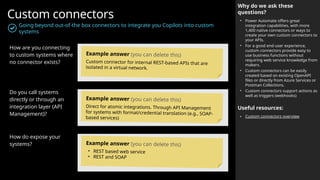 Custom connectors
Going beyond out-of-the box connectors to integrate you Copilots into custom
systems
Why do we ask these
questions?
• Power Automate offers great
integration capabilities, with more
1,400 native connectors or ways to
create your own custom connectors to
your APIs.
• For a good end-user experience,
custom connectors provide easy to
use business functions without
requiring web service knowledge from
makers.
• Custom connectors can be easily
created based on existing OpenAPI
files or directly from Azure Services or
Postman Collections.
• Custom connectors support actions as
well as triggers (webhooks)
Useful resources:
• Custom connectors overview
How are you connecting
to custom systems where
no connector exists?
Do you call systems
directly or through an
integration layer (API
Management)?
How do expose your
systems?
Example answer (you can delete this)
Custom connector for internal REST-based APIs that are
isolated in a virtual network.
Example answer (you can delete this)
Direct for atomic integrations. Through API Management
for systems with format/credential translation (e.g., SOAP-
based services)
Example answer (you can delete this)
• REST based web service
• REST and SOAP
 