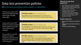 Data loss prevention policies
Enforcing security settings as well as exceptions at a global level
Why do we ask these
questions?
• Administrators can govern copilots in
their organization by using data loss
prevention (DLP) policies with specific
Copilot Studio connectors.
• Channels (Teams, Direct Line,
Facebook, Omnichannel),
unauthenticated use, knowledge
sources, Azure Application Insights,
and Bot Framework skills can be
allowed or blocked.
Useful resources:
• Security and governance in Copilot St
udio
• Apply data loss prevention policies to
copilots
• Connector endpoint filtering
How do you ensure that
internal confidential data
doesn’t get available
externally?
Do you plan to use DLP
policies to enforce Copilot
Studio allowed channels
and authentication
settings?
Do you plan to use DLP
policies to enforce
allowed or blocked Power
Automate connectors or
HTTP requests?
Example answer (you can delete this)
Strong governance of connectors and authentication
settings, especially for generative answers data sources.
Example answer (you can delete this)
Yes, by default no unauthenticated copilots are allowed and
only the Microsoft Teams channel can be used, to make
sure they’re internal.
Example answer (you can delete this)
Yes, with Copilot Studio, only related business applications
such as Dynamics 365, ServiceNow and SharePoint are
allowed. Endpoint filtering will be used for allowed HTTP
APIs.
 