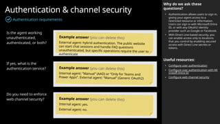 Authentication & channel security
Authentication requirements
Why do we ask these
questions?
• Authentication allows users to sign in,
giving your agent access to a
restricted resource or information.
Users can sign in with Microsoft Entra
ID, or with any OAuth2 identity
provider such as Google or Facebook.
• With Direct Line-based security, you
can enable access only to locations
that you control by enabling secured
access with Direct Line secrets or
tokens.
Useful resources:
• Configure user authentication
• Configure user authentication with Mi
crosoft Entra ID
• Configure web channel security
Is the agent working
unauthenticated,
authenticated, or both?
If yes, what is the
authentication service?
Do you need to enforce
web channel security?
Example answer (you can delete this)
External agent: hybrid authentication. The public website
can start chat sessions and handle FAQ questions
unauthenticated, but specific operations require the user to
authenticate
Example answer (you can delete this)
Internal agent: “Manual” (AAD) or “Only for Teams and
Power Apps”. External agent: “Manual” (Generic OAuth2)
Example answer (you can delete this)
Internal agent: yes.
External agent: no.
 