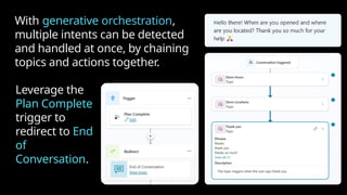 With generative orchestration,
multiple intents can be detected
and handled at once, by chaining
topics and actions together.
Leverage the
Plan Complete
trigger to
redirect to End
of
Conversation.
 