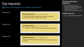 Top requests
What are the top gaps, feature requests, and priorities?
Request #1
Request #2
Request #3
Why do we ask these
questions?
• Help us prioritize our future
investments by submitting feature
requests and detailing the business
impact they have for your
organization by using the link below.
Useful resources:
• aka.ms/CopilotStudioFeatureRequest
Example answer (you can delete this)
P1: native file upload support by end-users to upload
pictures that are then analyzed with OCR.
Example answer (you can delete this)
P1: support for right-to-left languages Arabic and Hebrew.
Example answer (you can delete this)
Ability to disable adaptive card buttons once they have been
actioned.
 