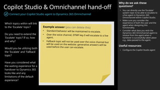 Copilot Studio & Omnichannel hand-off
Connect your Copilot Studio agent to Dynamics 365 Omnichannel
Why do we ask these
questions?
• You can directly use the ‘Escalate’
system topic to be able to escalate to
a live agent in Dynamics 365
Omnichannel within Copilot Studio.
• Make sure you consider the
experience of both the user and the
agent when designing this
functionality.
• Consider what data you wish the
Dynamics 365 Omnichannel agent to
receive from the agent when a
handover is successfully taken place
e.g., data passed to the agent.
Useful resources:
• Configure the Copilot Studio agent
Which topics within will link
to the ‘Escalate’ topic?
Do you need to extend the
‘Escalate’ topic? If so, how
and why?
Would you be utilizing both
the ‘Escalate’ and ‘Fallback’
topic?
Have you considered what
the waiting experience for a
handover to Dynamics 365
looks like and any
limitations of the default
experience?
Example answer (you can delete this)
• Standard behavior will be maintained to escalate.
• Over the voice channel, DTMF key 0 will escalate to a live
agent.
• Fallback topic will not be used over the voice channel but
will be used on the website: generative answers will be
used before the user can escalate.
 