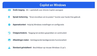 Snelle toegang - Alt + spatiebalk voor directe Copilot weergave
Spraak herkenning - "Druk microfoon om te praten" functie voor hands-free gebruik
Apparaatcontext - Hulp bij Windows-instellingen en configuratie
Chatgeschiedenis - Toegang tot eerdere gesprekken en continuïteit
Afbeeldingen maken - Geïntegreerde beeldgeneratie functionaliteit
Standaard geïnstalleerd - Beschikbaar op nieuwe Windows 11 pc's
Copilot en Windows
 