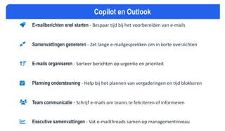 E-mailberichten snel starten - Bespaar tijd bij het voorbereiden van e-mails
Samenvattingen genereren - Zet lange e-mailgesprekken om in korte overzichten
E-mails organiseren - Sorteer berichten op urgentie en prioriteit
Planning ondersteuning - Help bij het plannen van vergaderingen en tijd blokkeren
Team communicatie - Schrijf e-mails om teams te feliciteren of informeren
Executive samenvattingen - Vat e-mailthreads samen op managementniveau
Copilot en Outlook
 